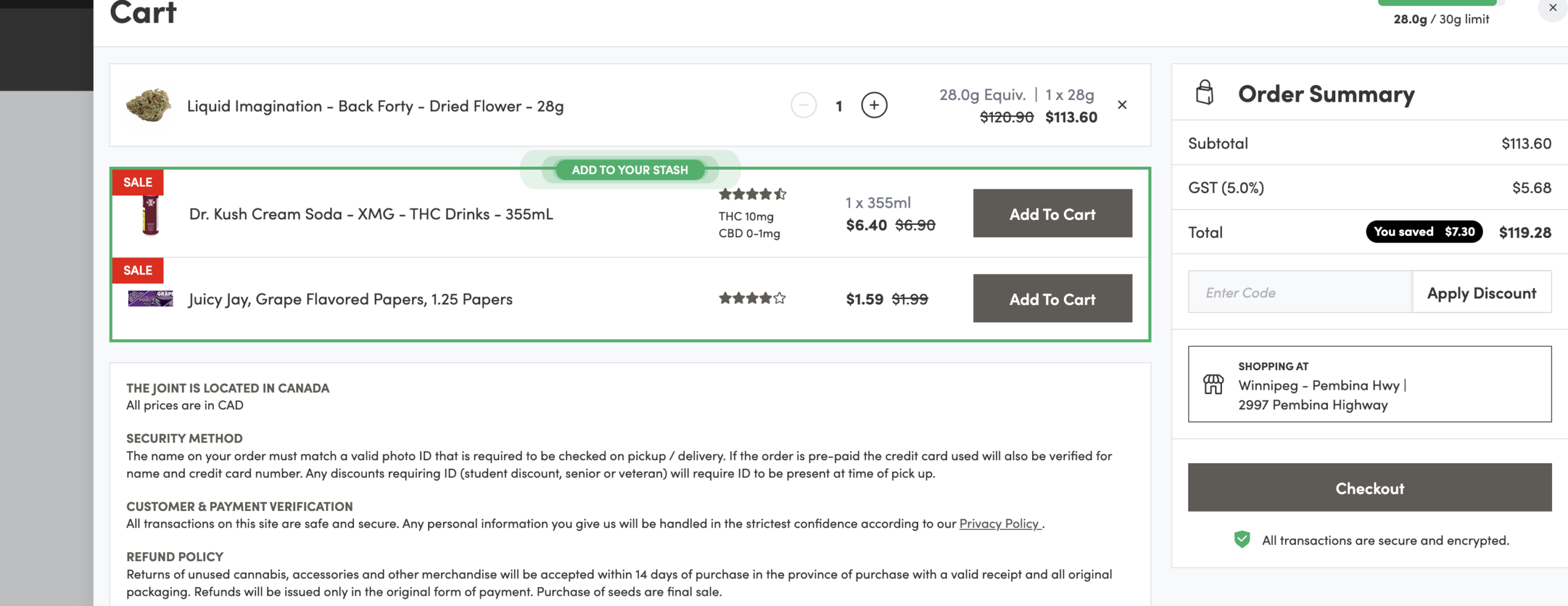The Joint Pembina checkout page